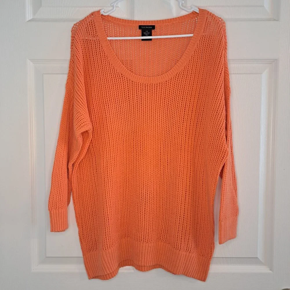 Calvin Klein Jeans Coral Orange Open Weave Sweater Size Large